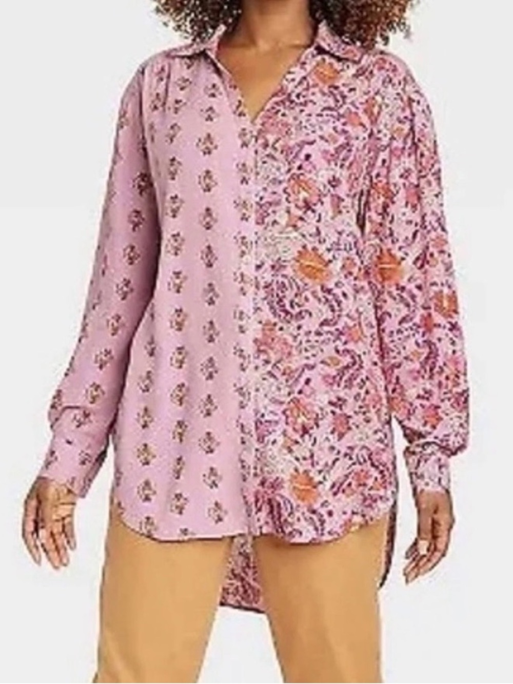 Knox Rose Pink Split Floral Print Linen Blend Button Down Boho Tunic Size Large